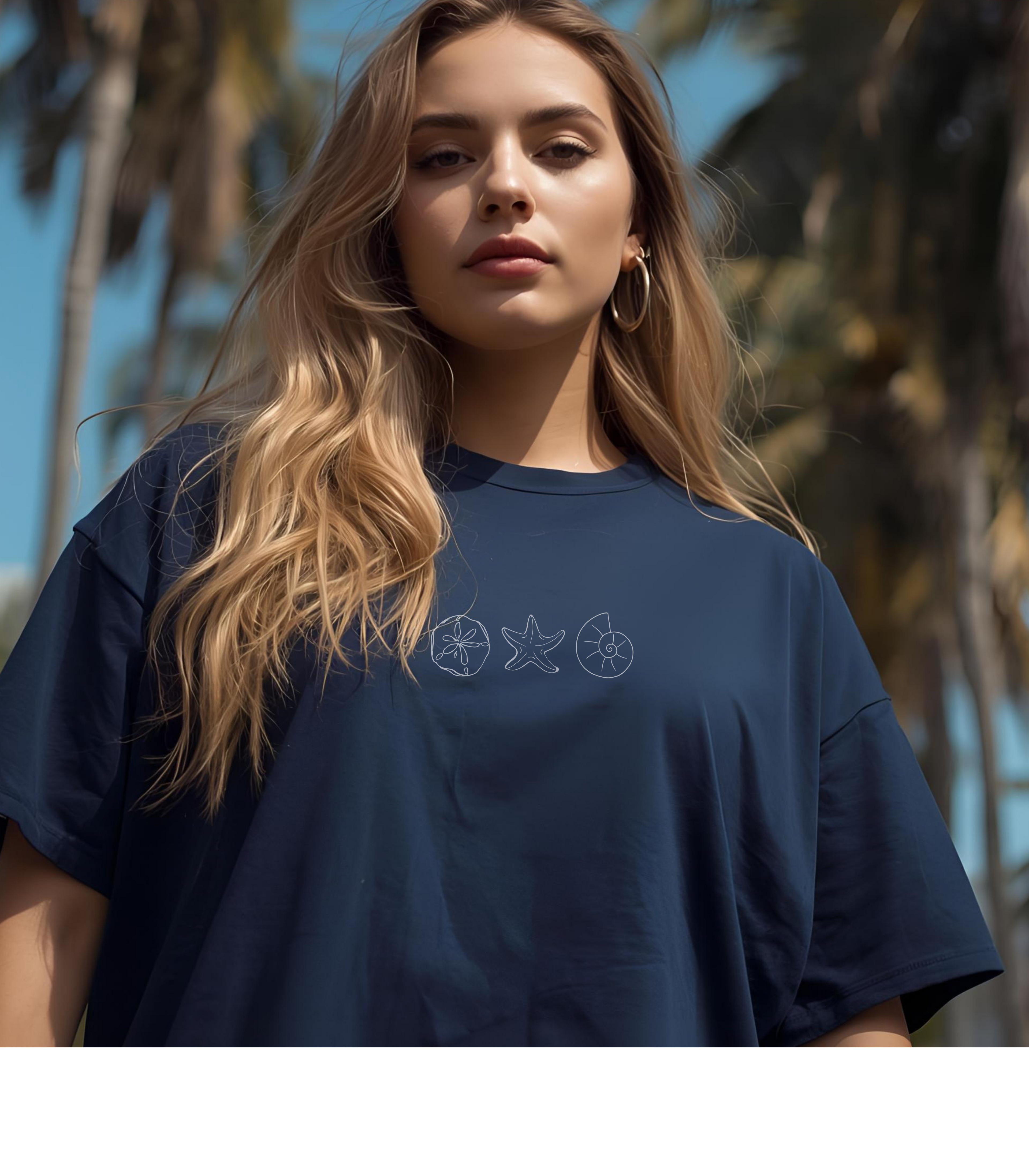Navy tropical sea shell embroidered T-Shirt