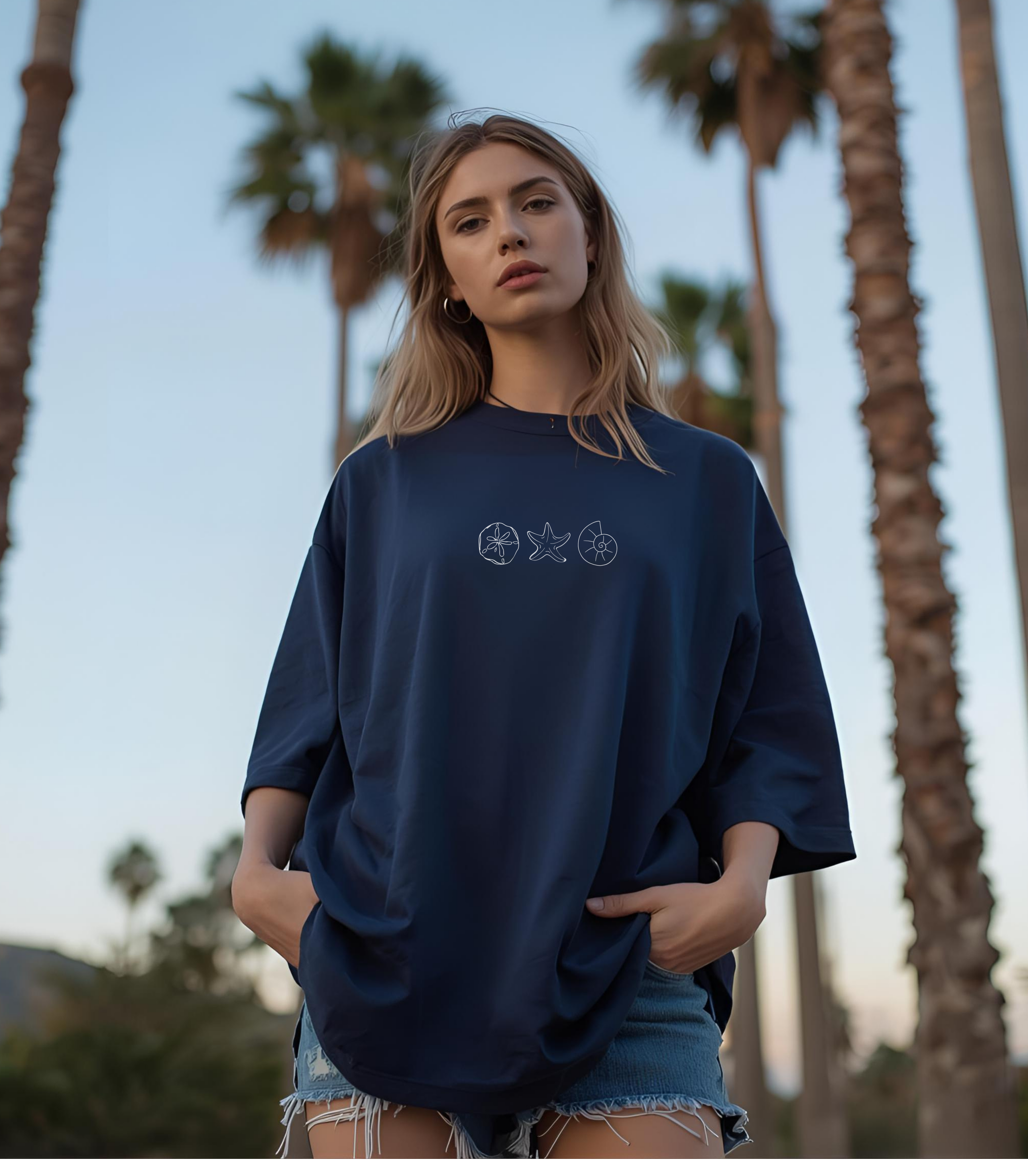 Navy tropical sea shell embroidered T-Shirt